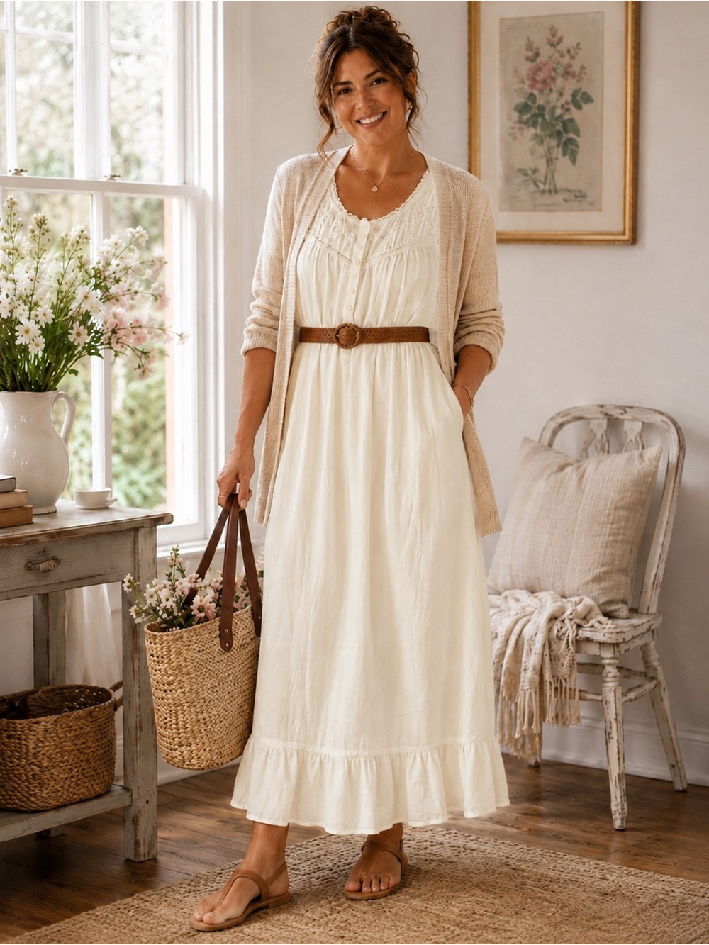 Dream & Co Dress White Cotton Cottagecore Nightgown Dress 2X Lace Boho Romantic